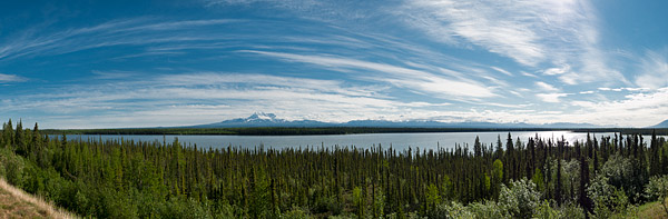 Panoramic view of Willow Lake and the Wrangell Mountain Range, including Mount Drum (12,010 ft.)