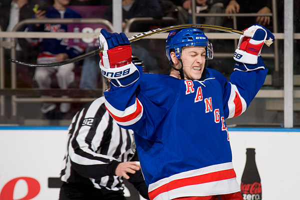 New York Ranger Derek Stepan shows his frustration in a 3-2 loss to the Buffalo Sabres at Madison Square Garden