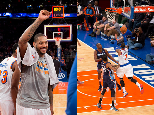 Carmelo Anthony scores his New York Knicks record-breaking 62nd point and celebrates post-game at Madison Square Garden